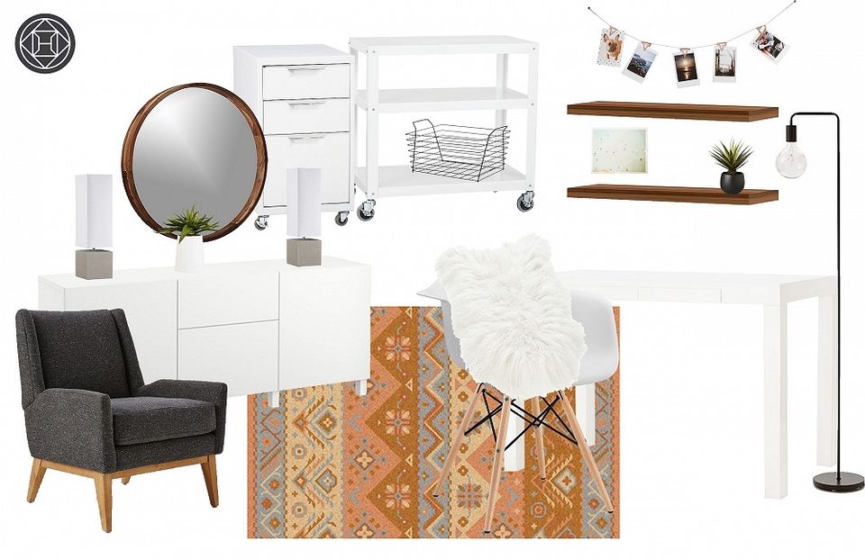 Masculine office mood board with cognac accents, dark gray chair, terracotta geometric rug, and minimalist white storage