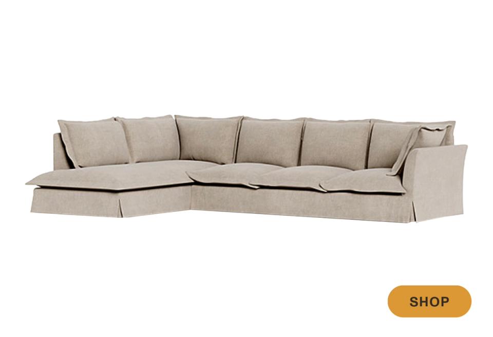 Casual linen cream sectional with relaxed styling and skirted base design