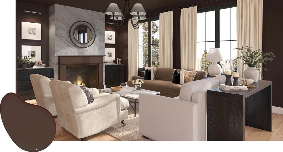 Upscale living room with chocolate brown walls, cream furniture, and marble fireplace establishing refined moody charm