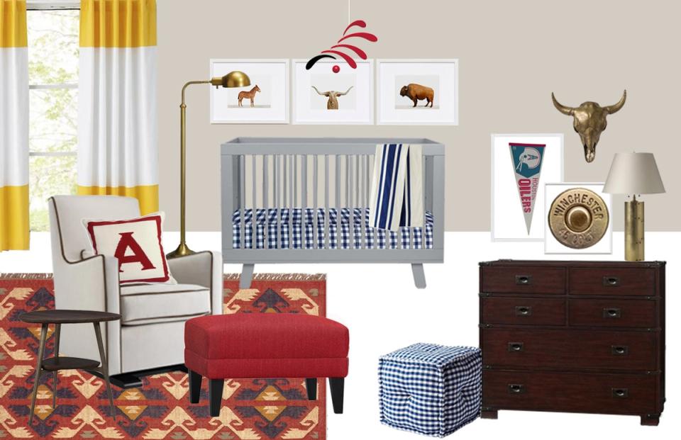Bright nursery with yellow-striped curtains, red accent ottoman, and Southwestern geometric patterns