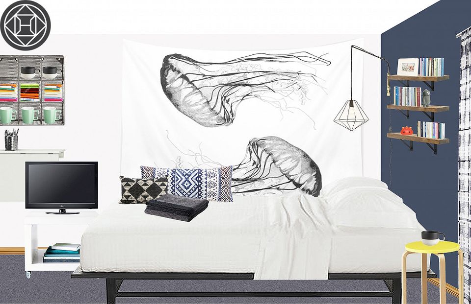 Contemporary bedroom with white walls, botanical line art, navy bookshelf, and industrial pendant lighting