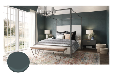 Serene modern bedroom with deep teal-green walls, canopy bed, and minimalist aesthetic emphasizing calm sophistication and tranquility