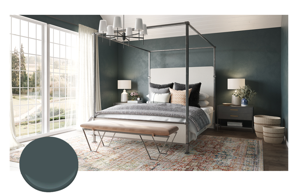 Serene modern bedroom with deep teal-green walls, canopy bed, and minimalist aesthetic emphasizing calm sophistication and tranquility