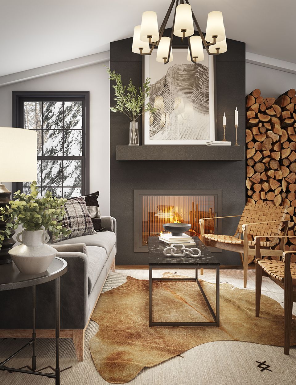 chartreuse paint in sophisticated living room with green velvet sofa and boucle chairs