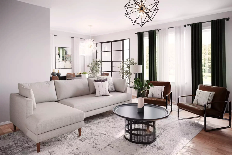 Contemporary living room with neutral sofa, geometric pendant, and warm wood accents