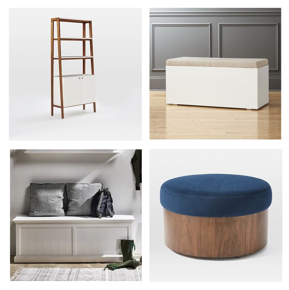 Four toy storage solutions: wooden ladder shelf, cream upholstered bench, white storage seat, and navy round ottoman.