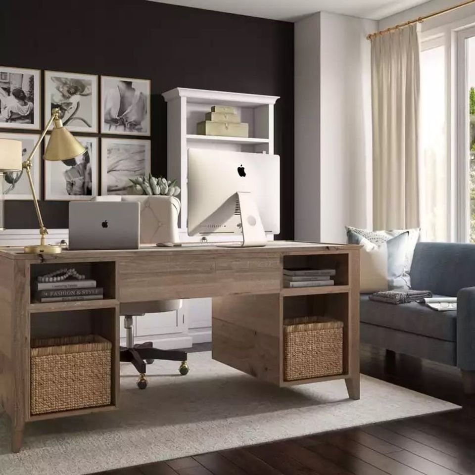 Modern home office with black accent wall, warm wood desk, woven storage baskets, and gallery wall art creating sophisticated workspace ambiance