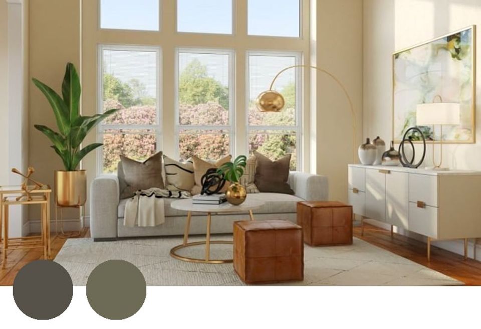 Warm, light-filled living room with neutral earth tones, cream upholstery, cognac leather accents, and natural greenery creating a serene, inviting atmosphere.
