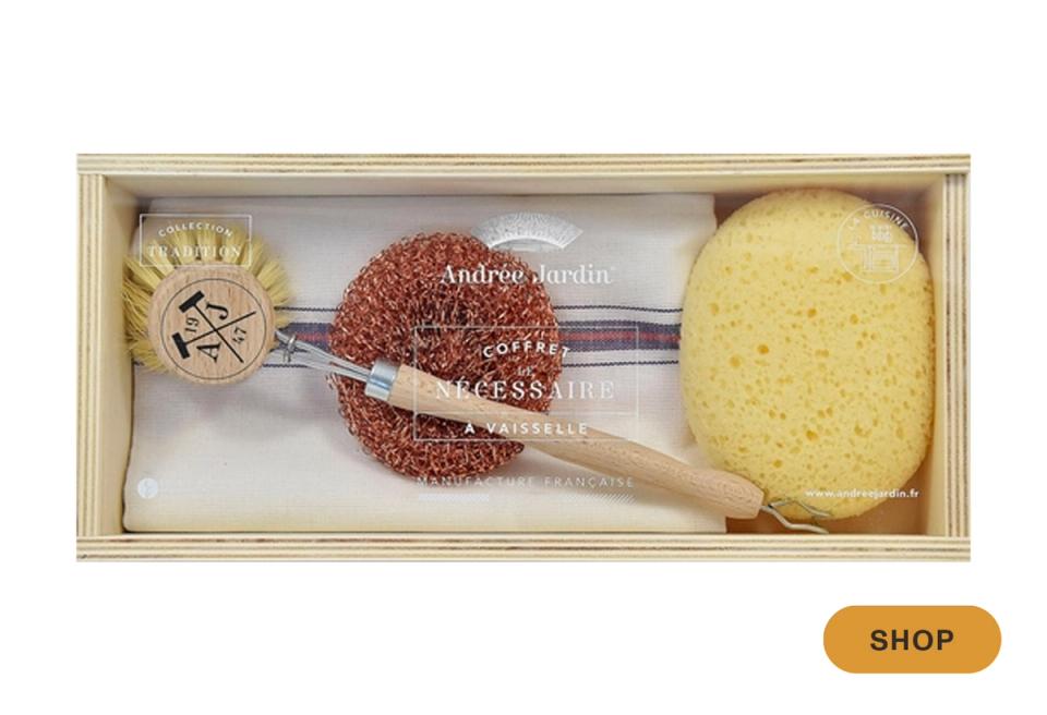 Natural spa-inspired bath brush gift set in earth tones and wood accents