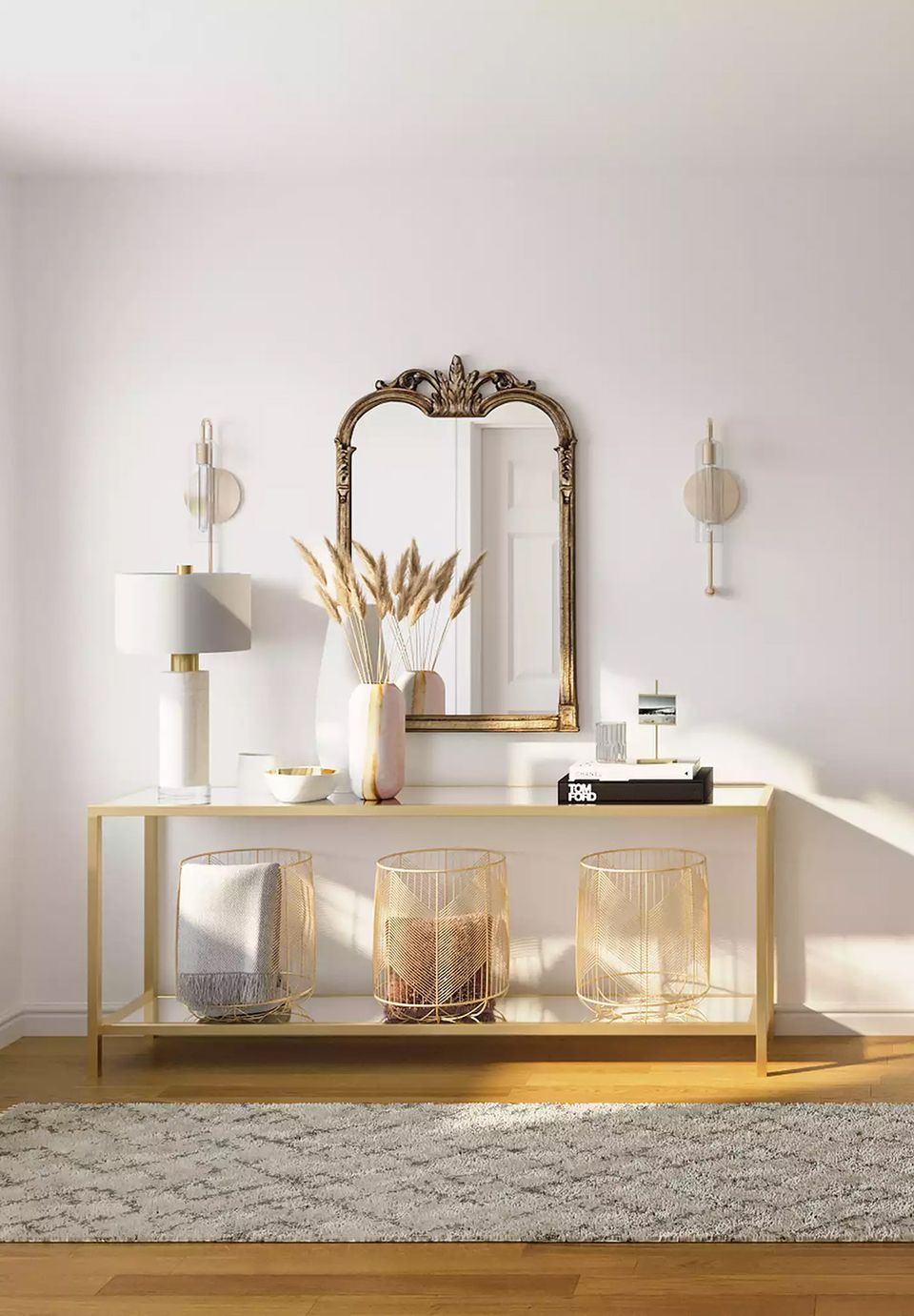 Glam contemporary console with gold accents, arched mirror, and refined pendant sconces