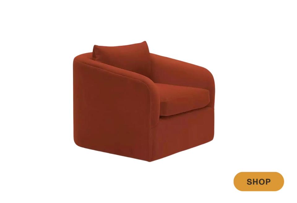 Modern rust red swivel chair with clean lines and contemporary design aesthetic