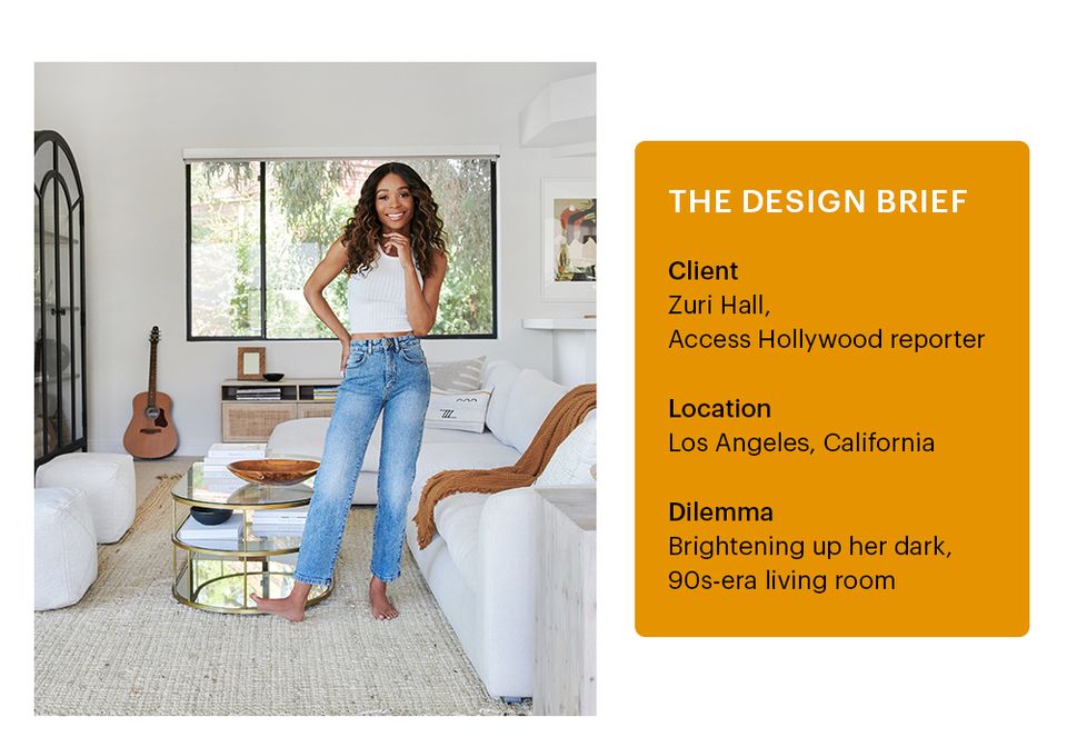 Bright, airy living space with neutral palette and warm wood tones, emphasizing 90s-inspired California cool aesthetic