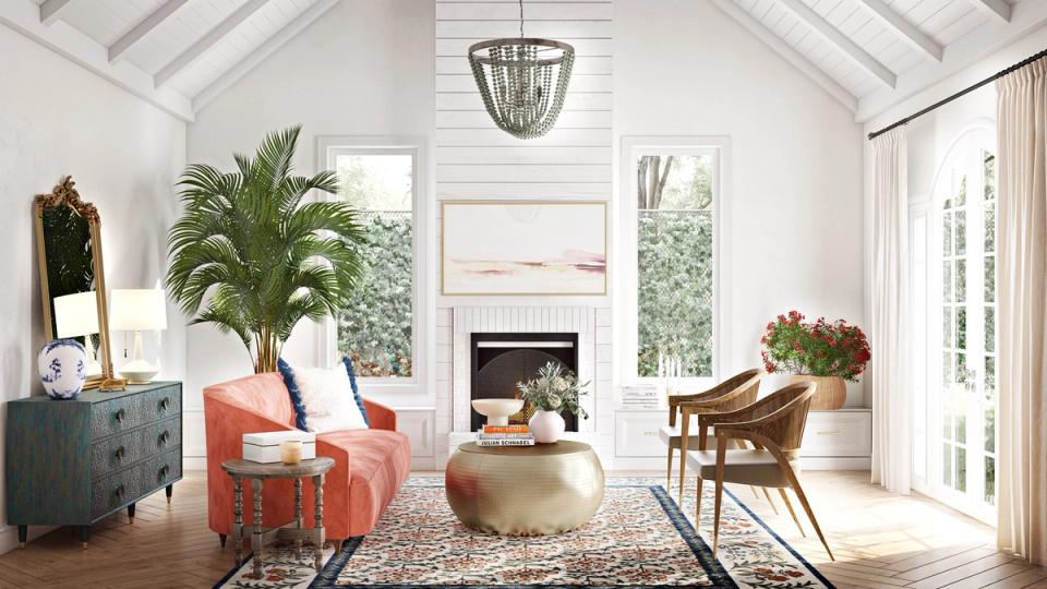 Airy California modern living space with coral accents, plants, and vaulted ceilings