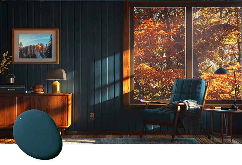Moody mid-century modern study with navy walls, warm wood accents, golden autumn light, and jewel-tone seating
