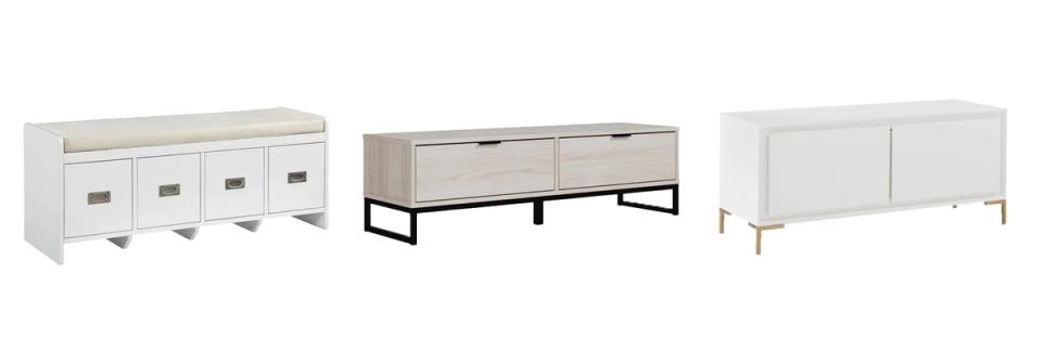 Three modern white and neutral storage benches with clean lines and minimal hardware