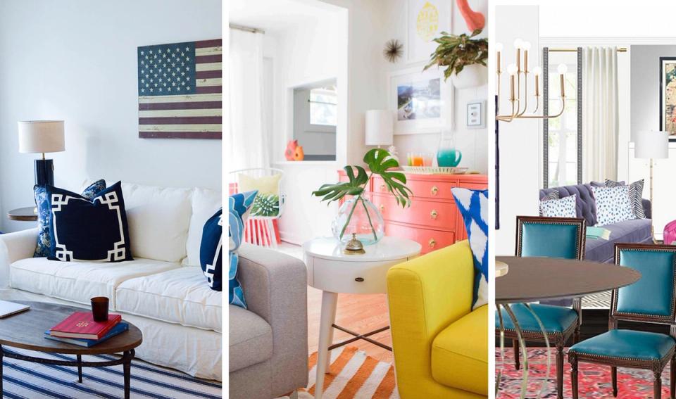 Eclectic maximalist living space with navy, coral, and yellow accents, bold patterns, and playful color blocking.