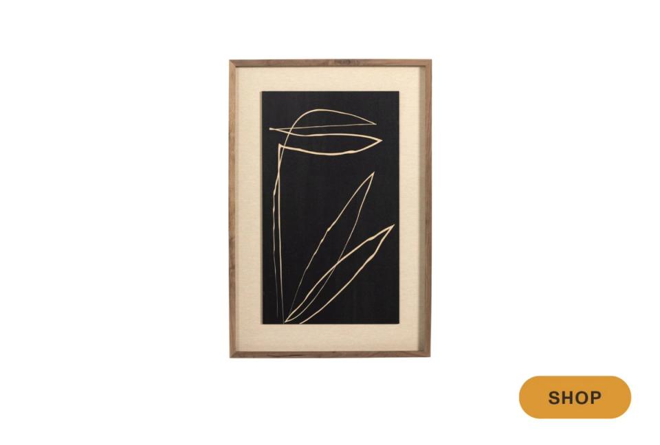 Minimalist line art print in black and white with natural wood frame