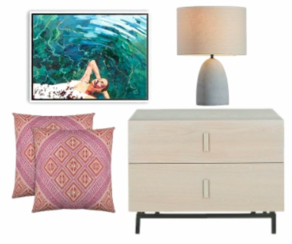 Boho-minimalist vignette blending warm wood, blush textiles, and ocean photography for relaxed coastal elegance