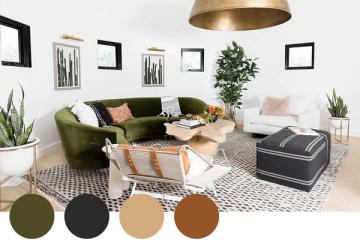 Contemporary living room blending olive green upholstery with warm neutrals and geometric patterns for a grounded, nature-inspired aesthetic