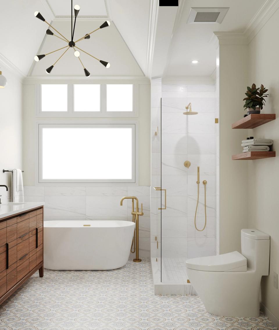 Bright modern bathroom with mid-century sputnik chandelier, wood vanity, freestanding tub, and brass fixtures