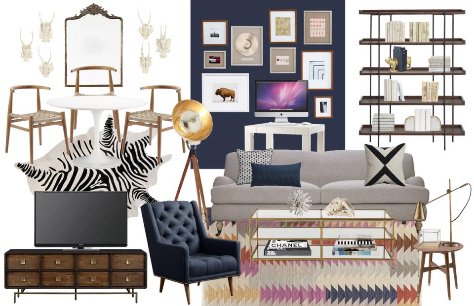 Mid-century bachelor pad with navy accent wall, gray sofa, geometric patterns, and warm wood furniture creating sophisticated bohemian style.