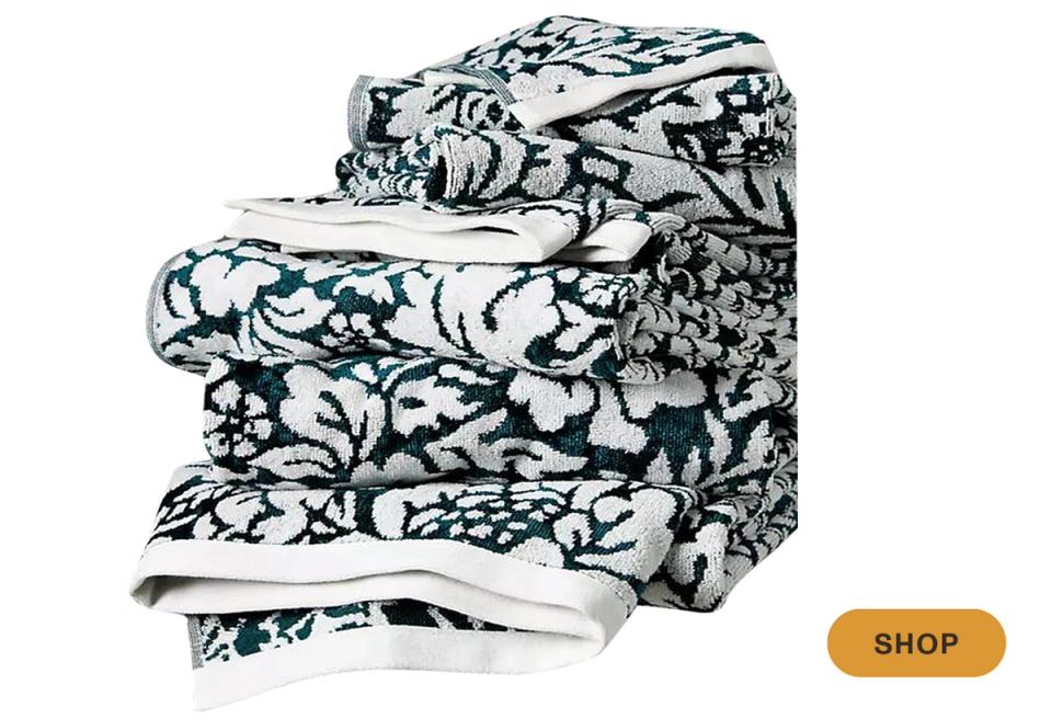 Navy and white botanical patterned towels, artistic bohemian-inspired bath collection