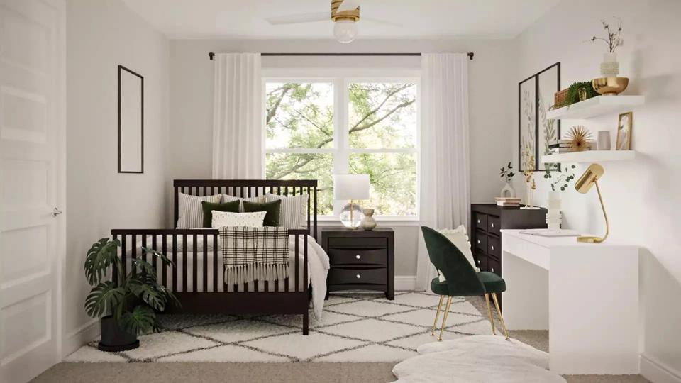 Scandinavian nursery with dark wood crib, geometric rug, soft natural light
