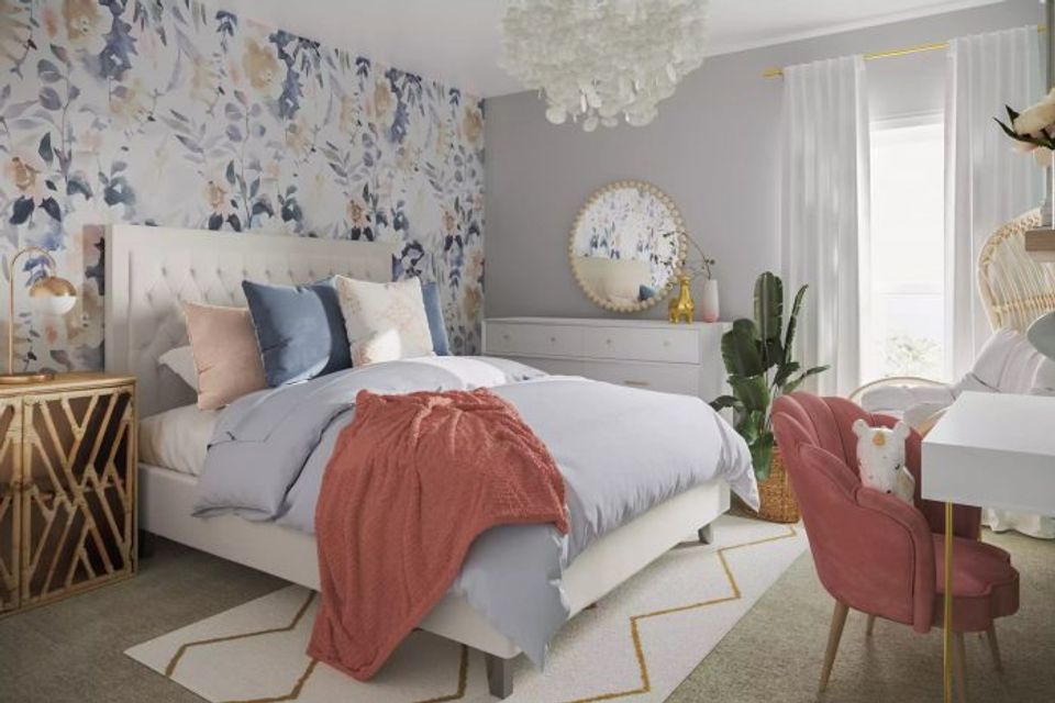 Soft feminine bedroom with blue floral wallpaper, coral accents, and delicate lighting