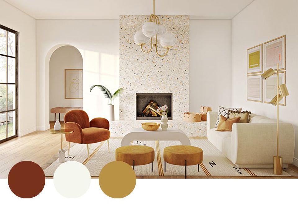 Warm, minimalist living room with terracotta accent chair, cream palette, and brass fixtures creating a cozy, sophisticated earth-tone aesthetic