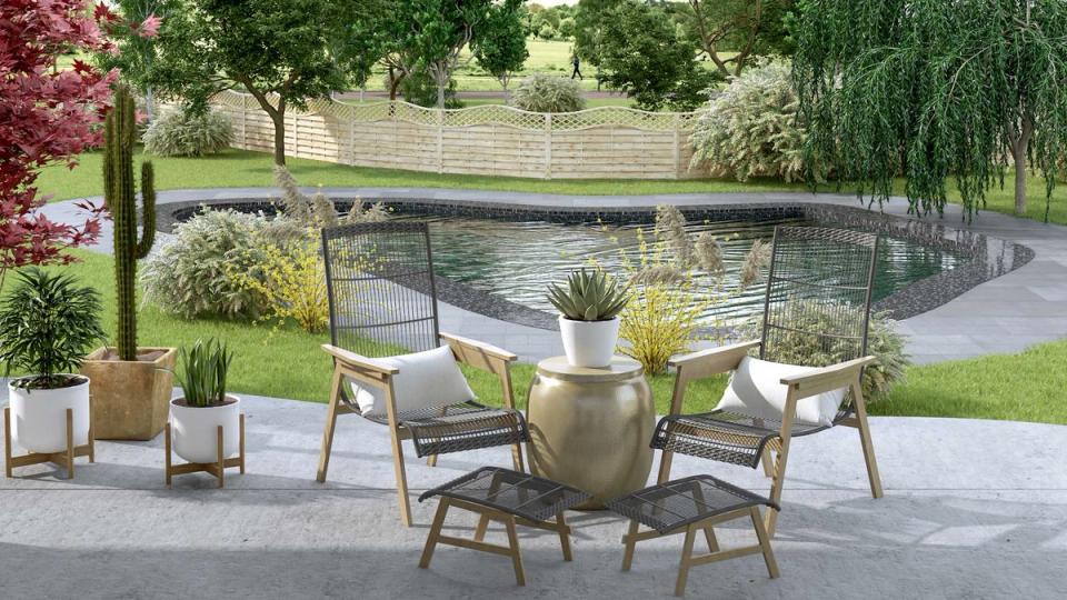 Modern poolside patio with contemporary seating, metallic fire pit, and lush landscaping in neutral tones