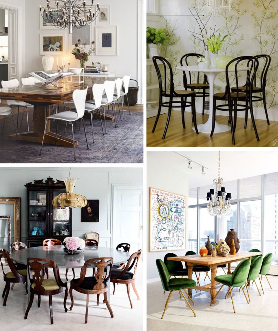 Four dining room settings showcasing varied chair selections: modern minimalist, classic bentwood, mid-century modern, and contemporary upholstered styles
