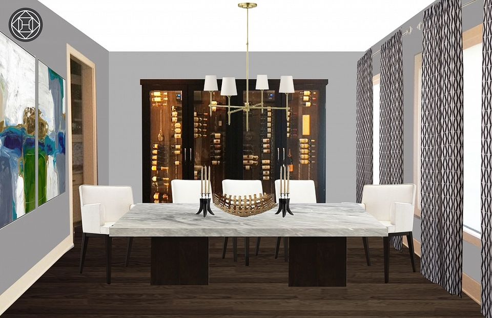 Modern high-ceiling dining space with marble table, brass chandelier, patterned room divider, and glowing accent lighting
