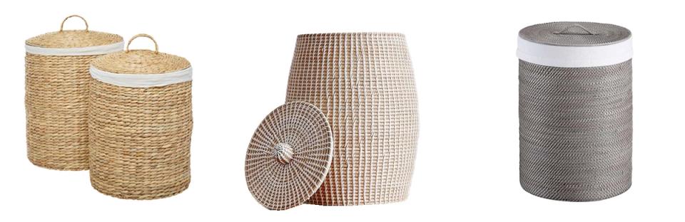 Natural woven baskets and storage vessels in jute, rattan, and linen for organic, Scandinavian-style toy organization.
