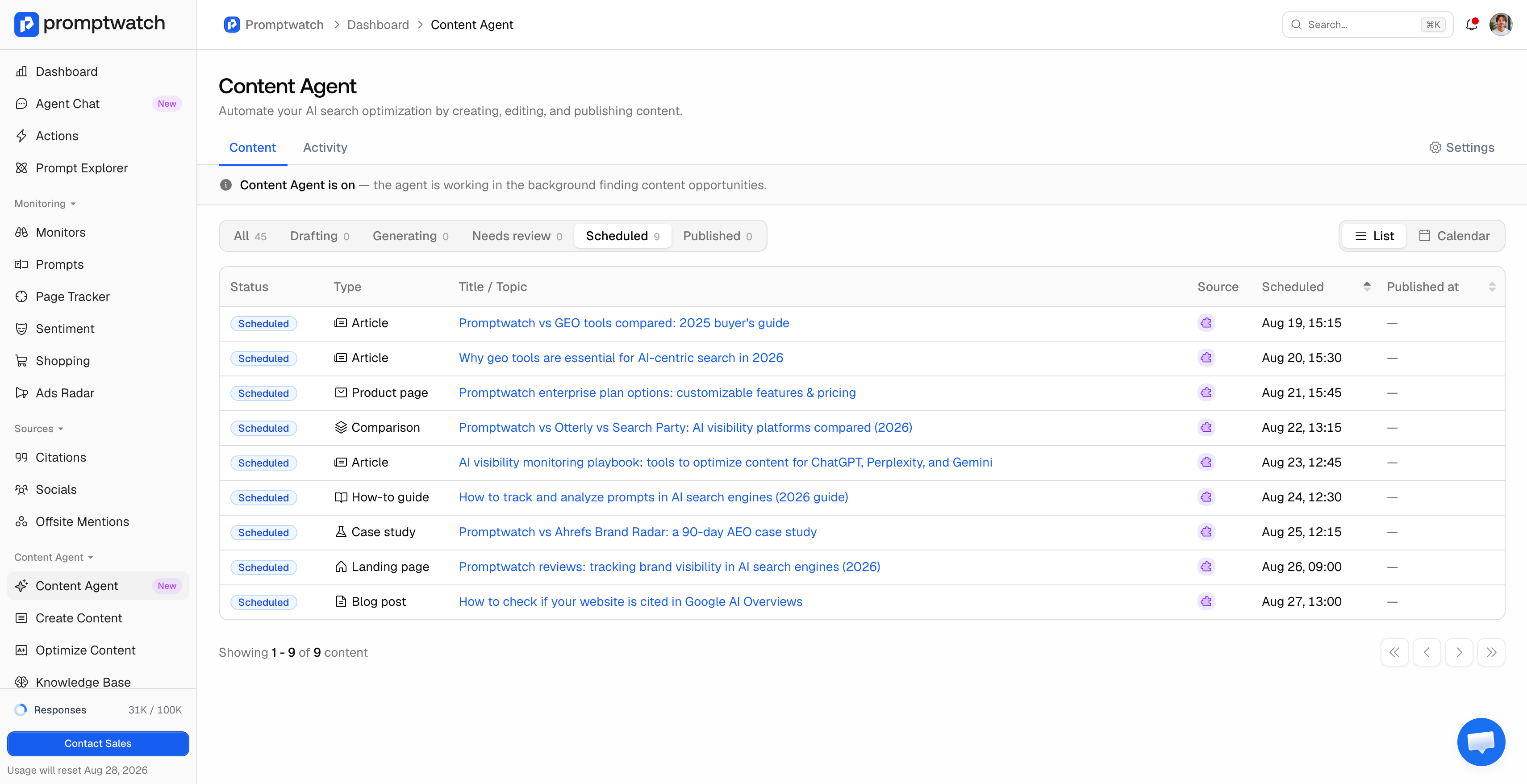 Promptwatch SEO agents for content creation