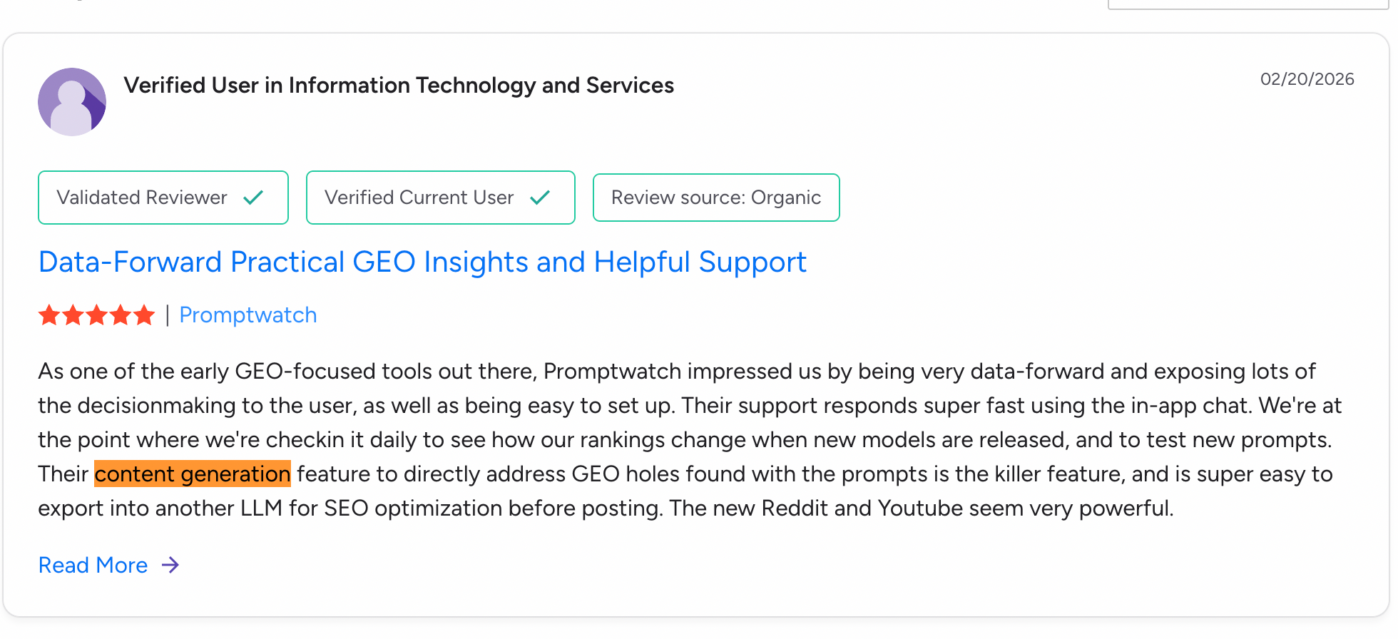g2 review for promptwatch content generation