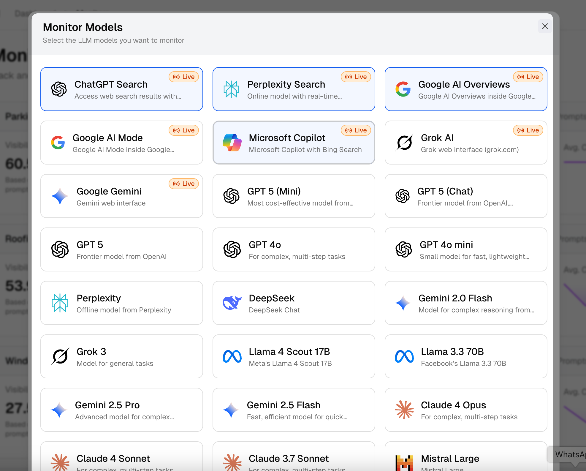 Select models to track