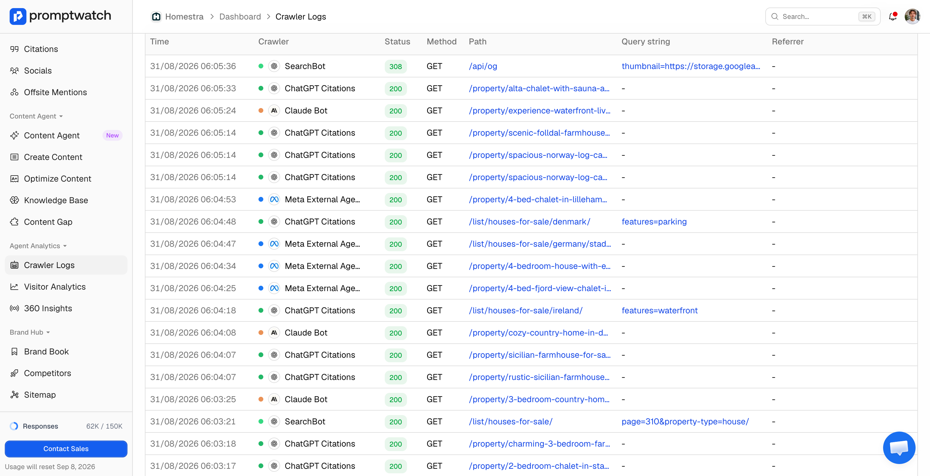 Agent Analytics crawler log showing Googlebot hits with status codes