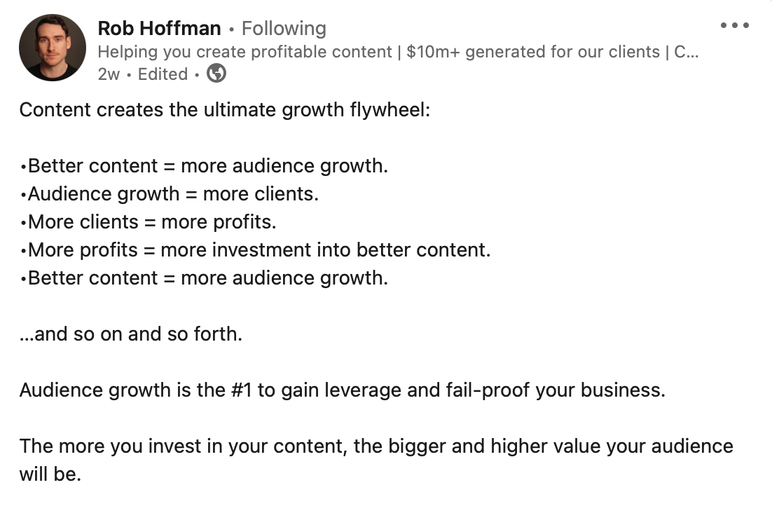 A LinkedIn post from Rob Hoffman that declares, "Content creates the ultimate growth flywheel." 