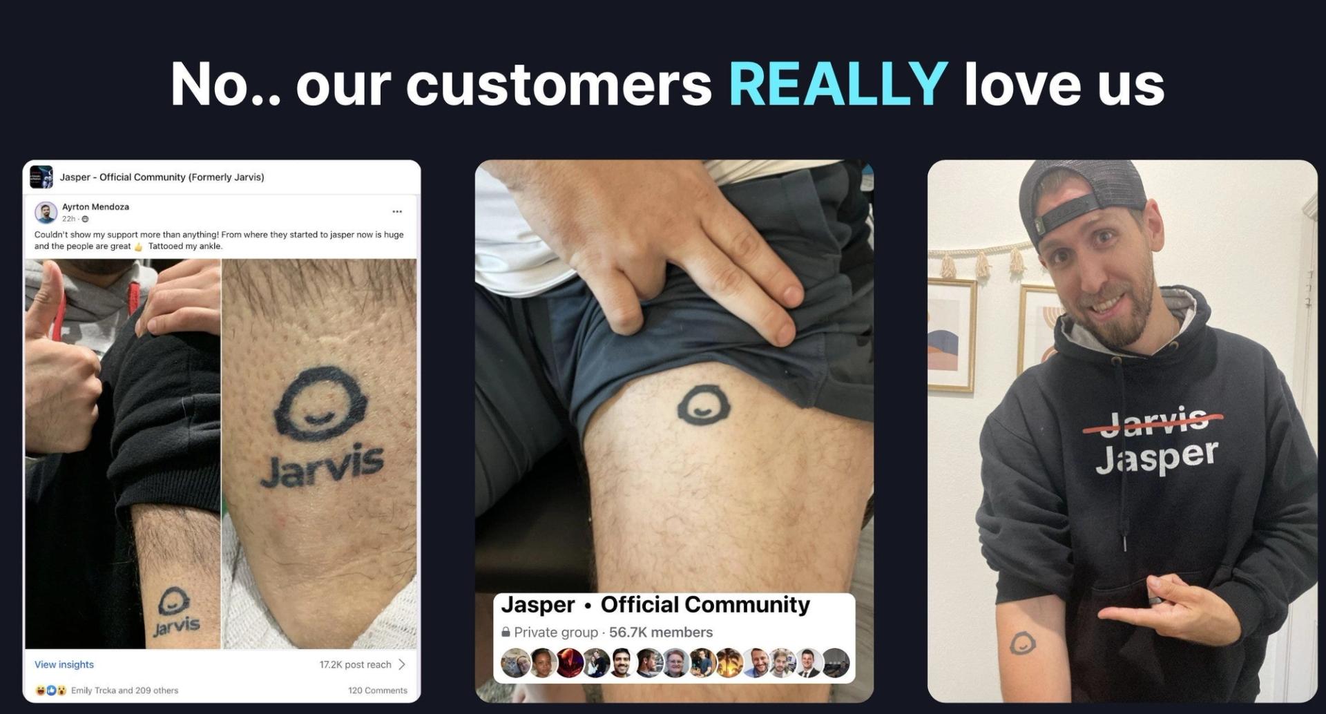 Several images depicting Jasper users with tattoos of the company's logo.