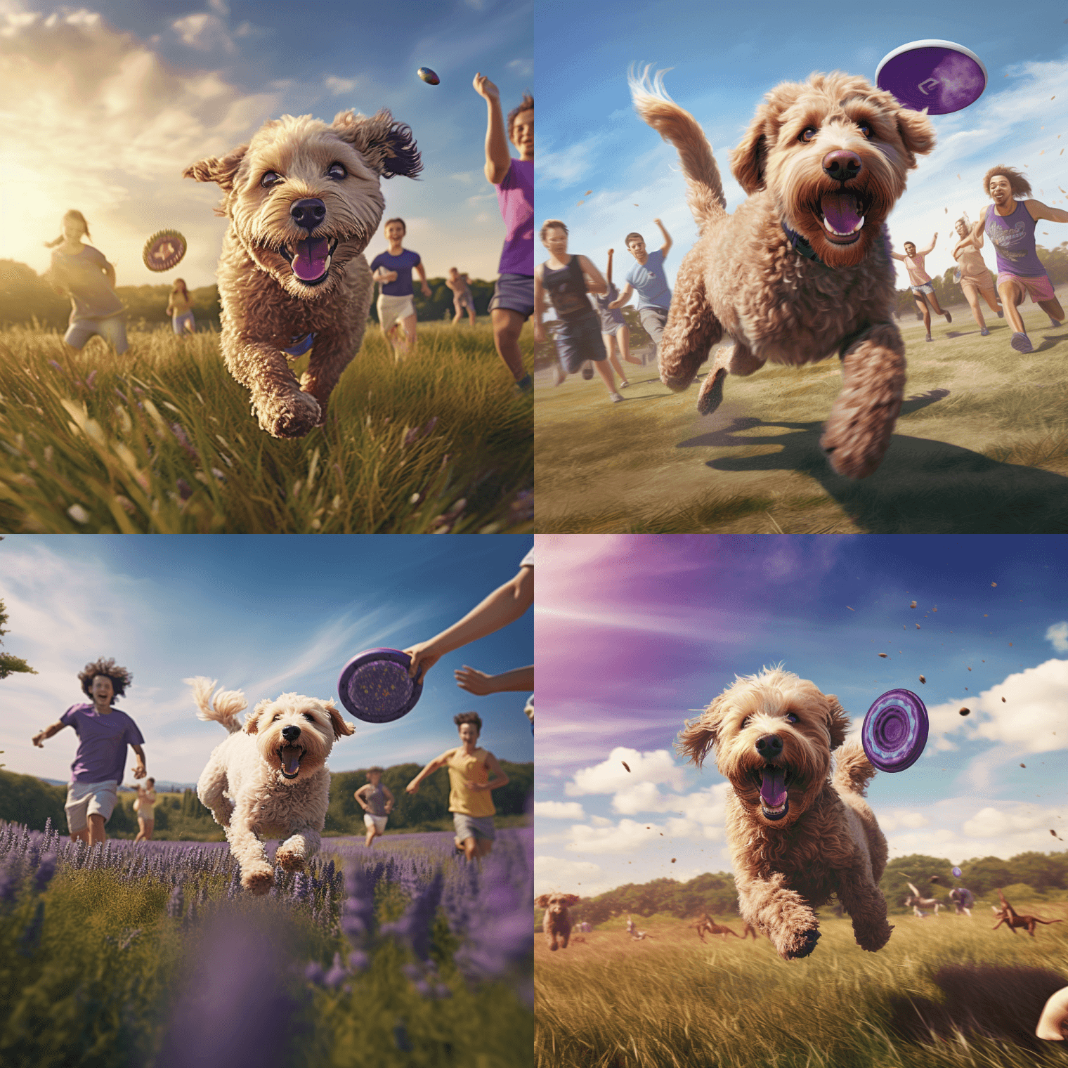 A Labradoodle dog chasing a frisbee while running in a field that’s surrounded by happy people