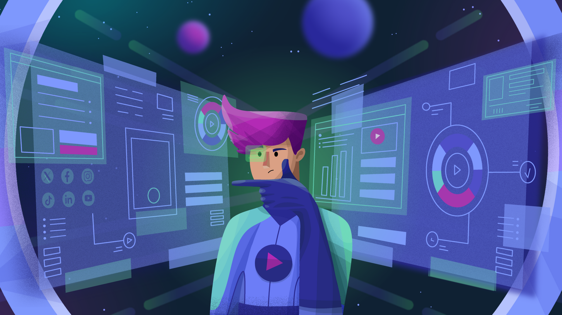 Character in space surrounded by screens with graphs