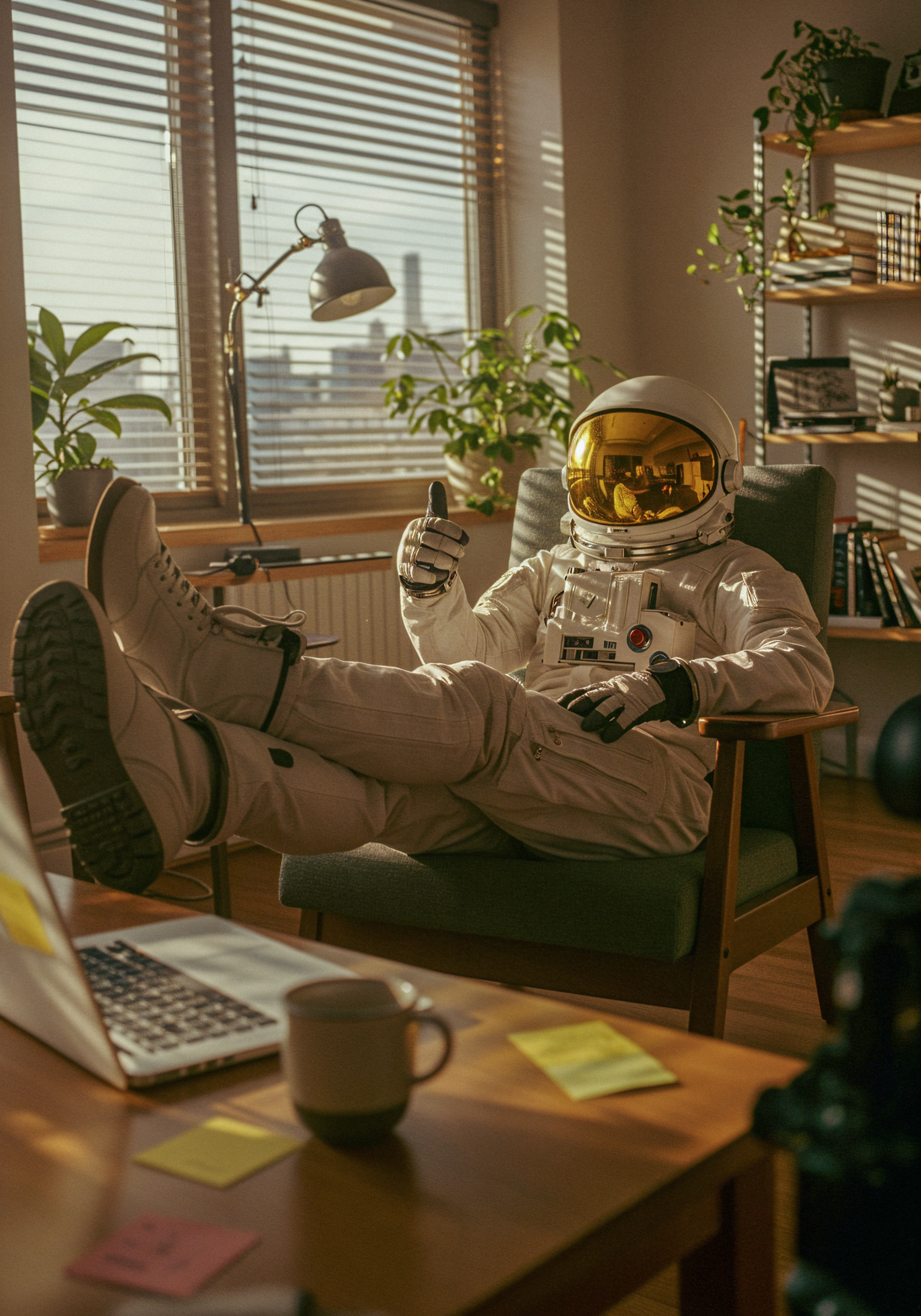 Astronaut relaxing in a creative studio