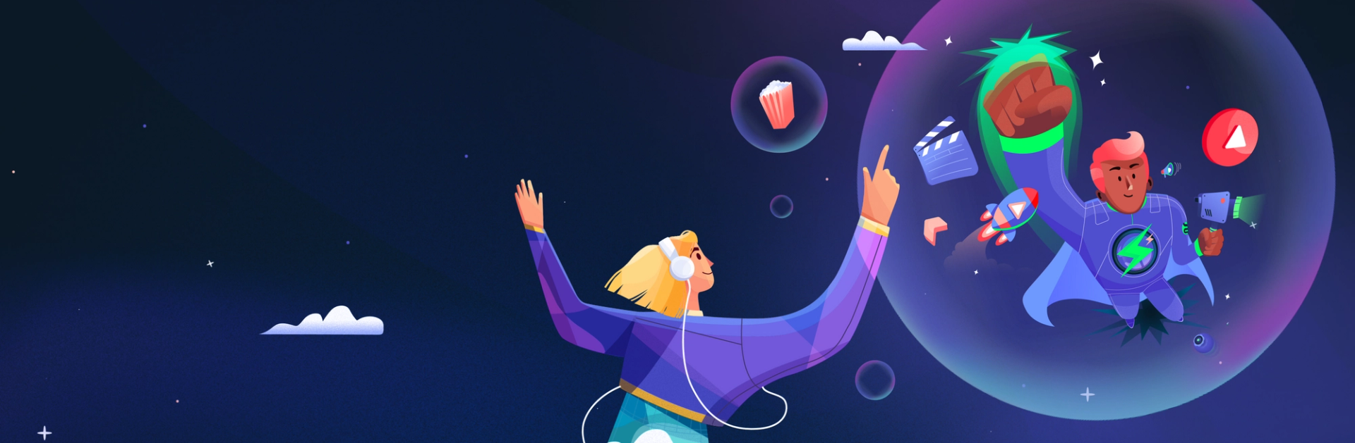 A branded illustration, relating to knowing yourself and your design partner. An illustrated character is reaching out to touch their superhero partner. 