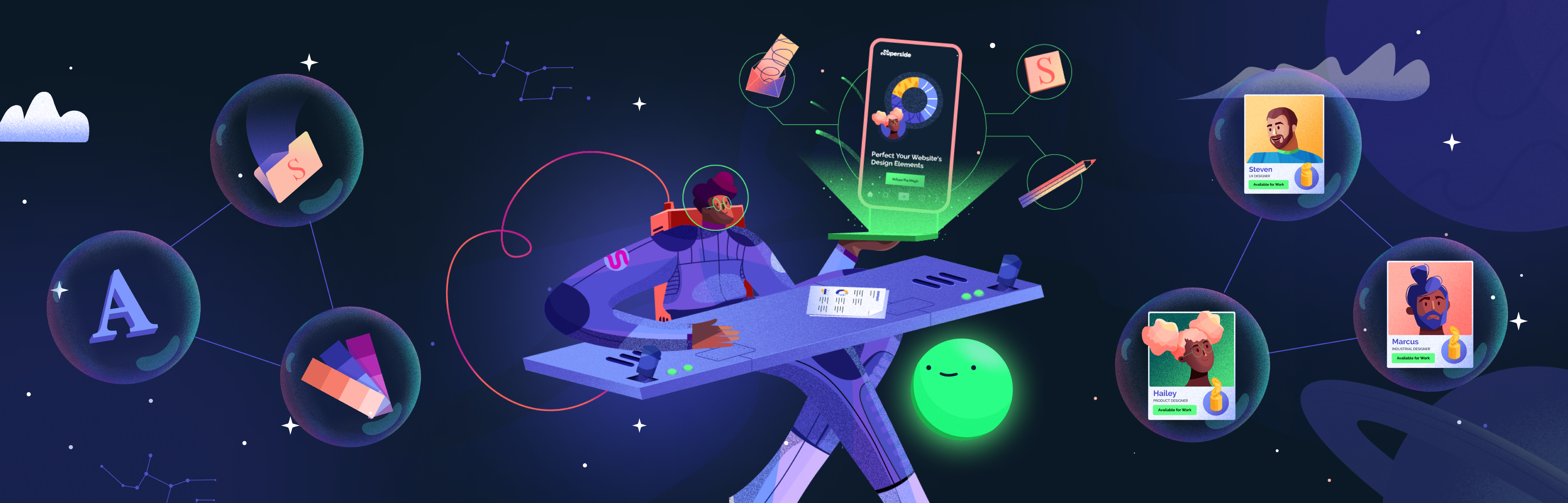 A branded illustration, relating to setting work expectations. It shows an illustrated character at a desk with people and concepts floating around them.