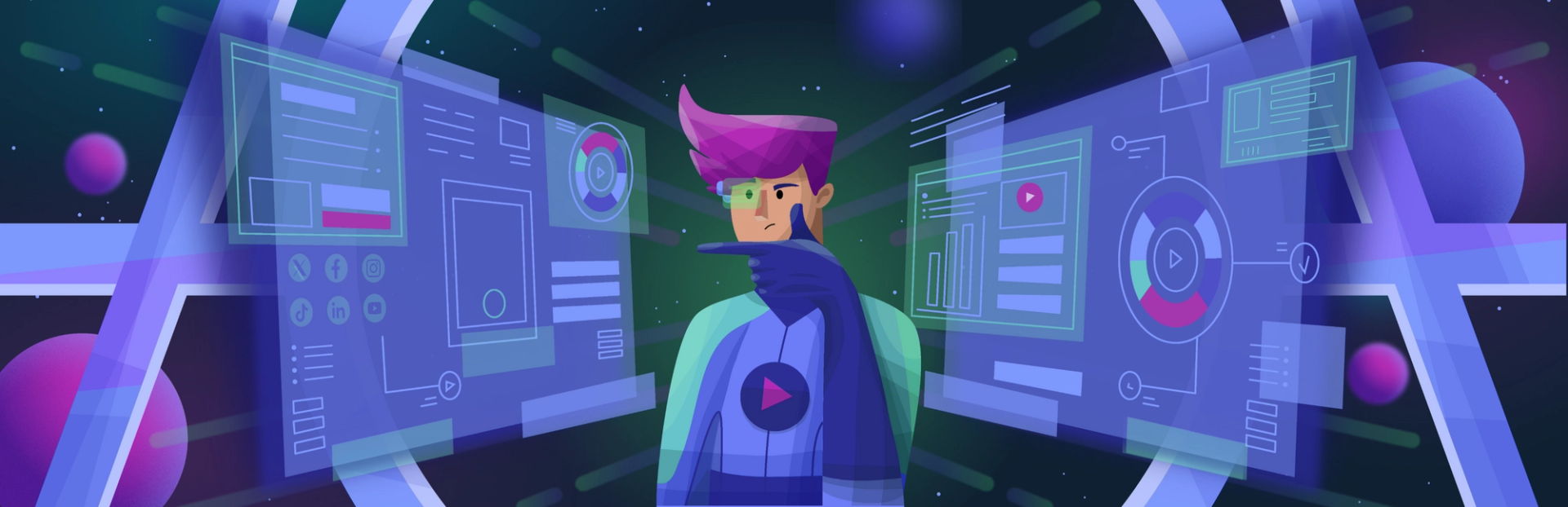 Character in space surrounded by screens with graphs