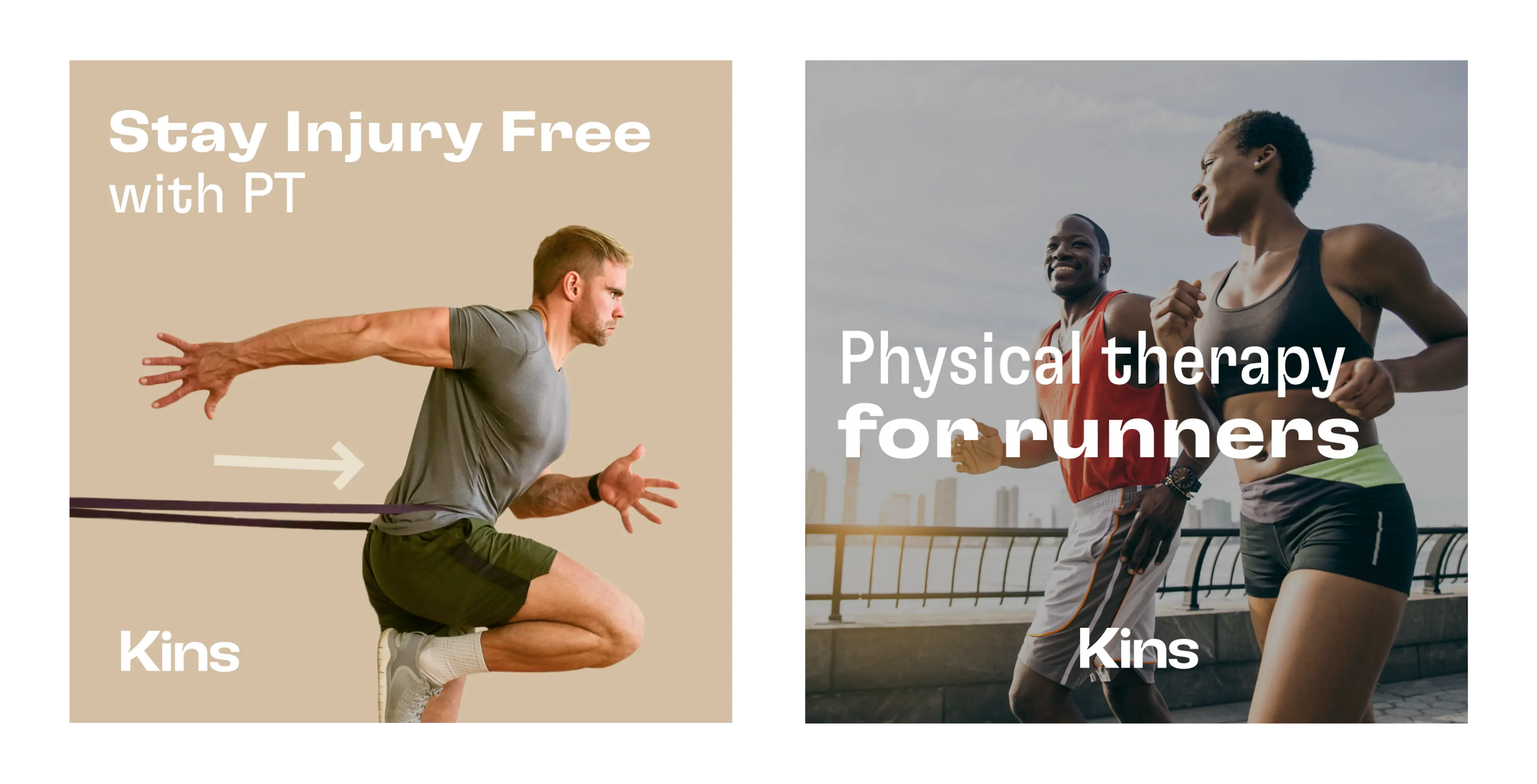 A set of Facebook ads for Kins, a virtual physiotherapy company. These successful ads featured real people performing the athletic activities they enjoy. 