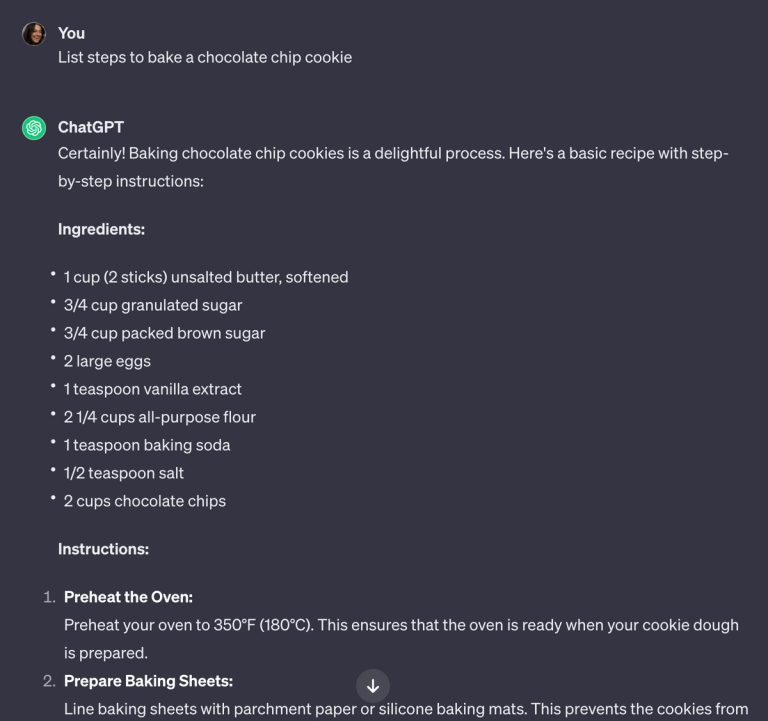 An example of a ChatGPT prompt using a tapping pattern: "List steps to bake a chocolate chip cookie"