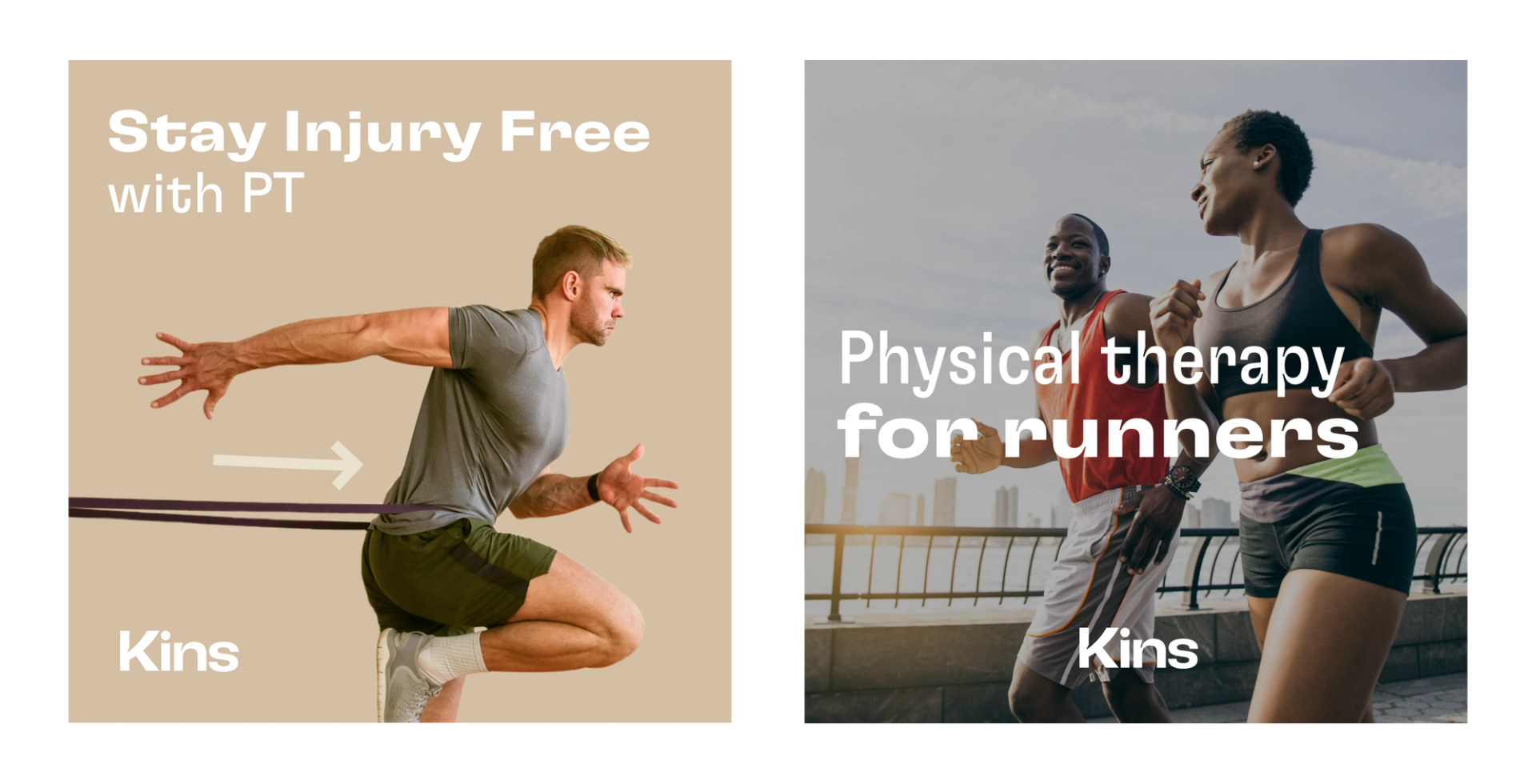 A pair of ads for Kins physiotherapy that have been customized to feature runners.