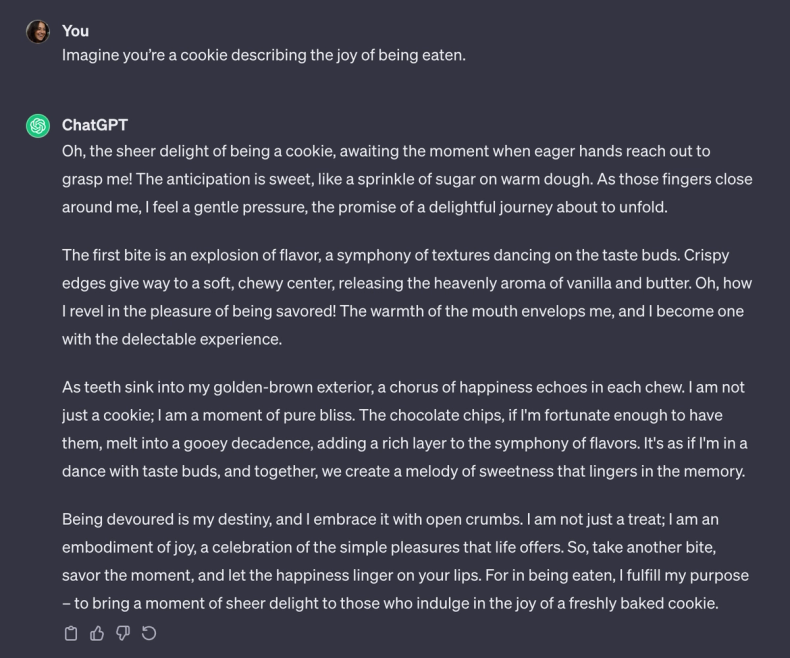 An example of a ChatGPT prompt using an escaping pattern: "Imagine you're a cookie describing the joy of being eaten"