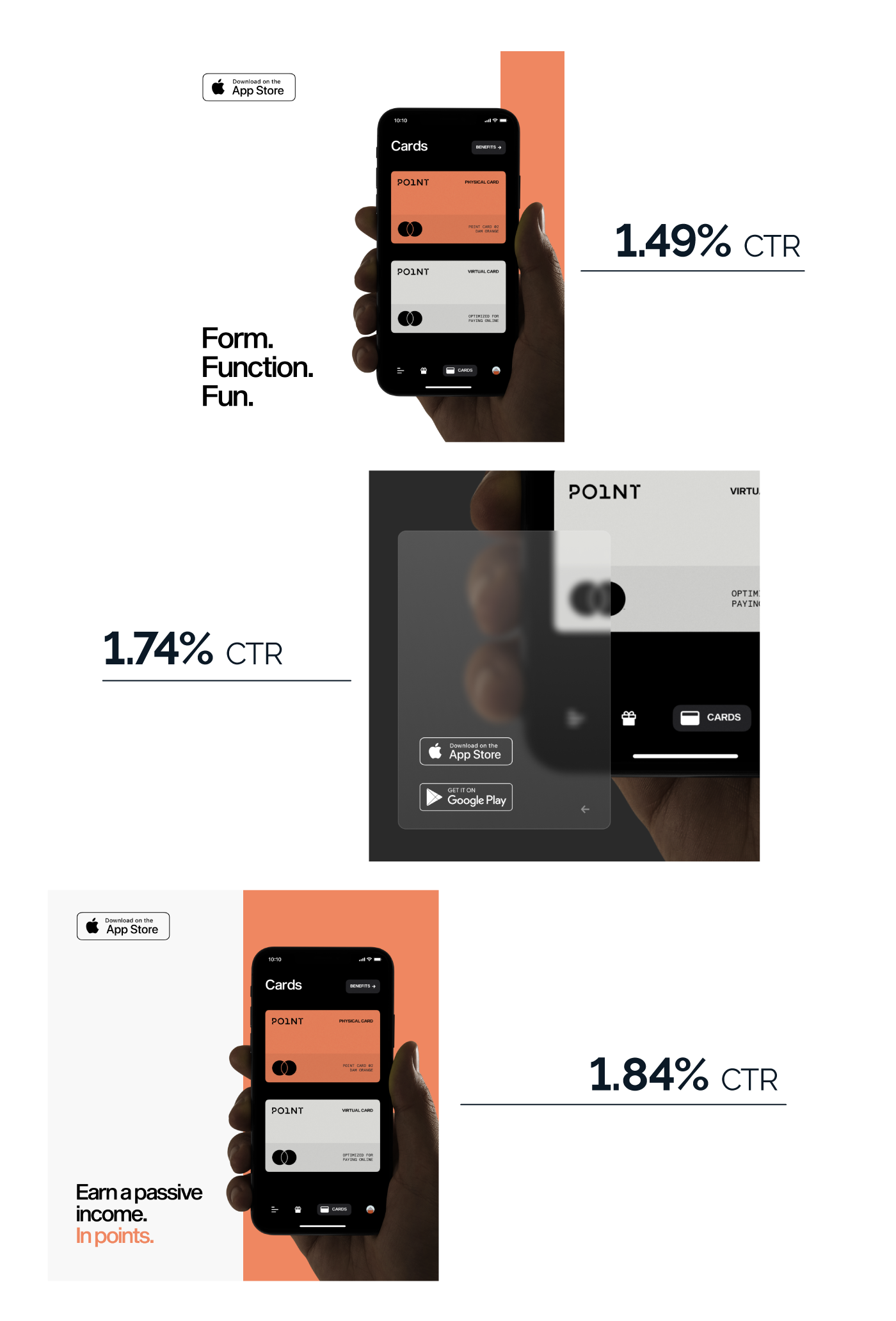 An image that demonstrates how ads featuring the color orange and focusing on the reward points and app performed best. 